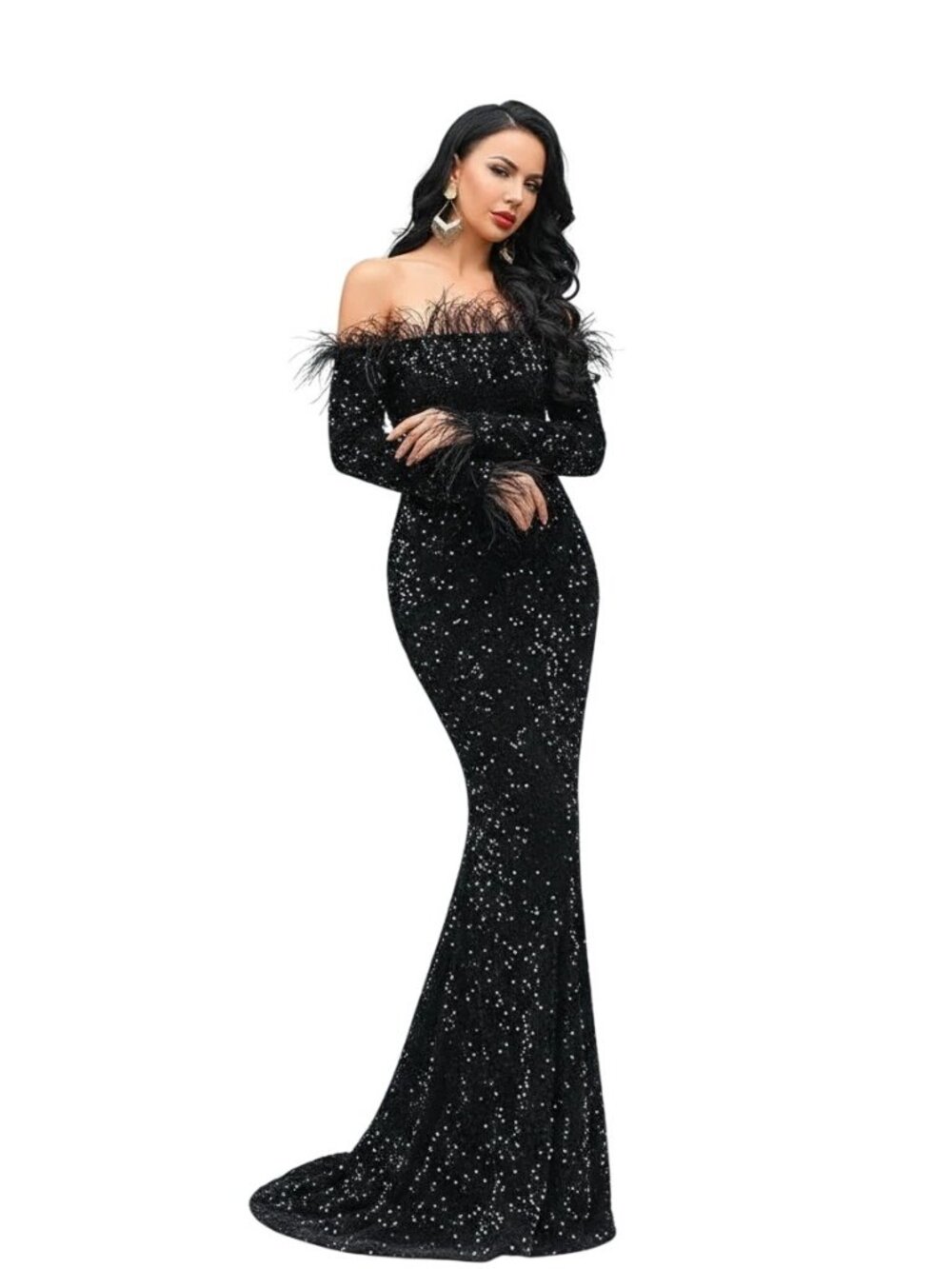 New Miss Ord Missord Small Black Off Shoulder Feather Sequin Evening Dress